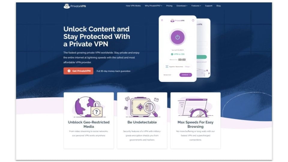 Screenshot of PrivateVPN's main page on its site.